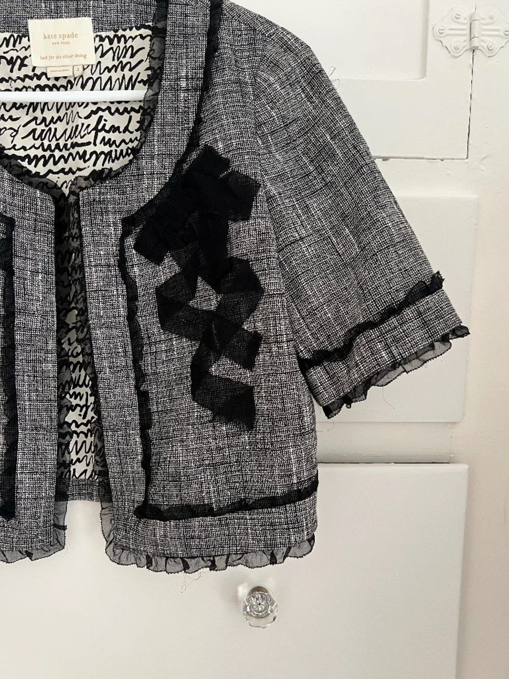 Kate Spade Black Tweed Cropped Short Sleeve Jacket Bow Size 4